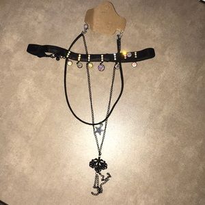 Black Layered Necklace with Charms and Choker